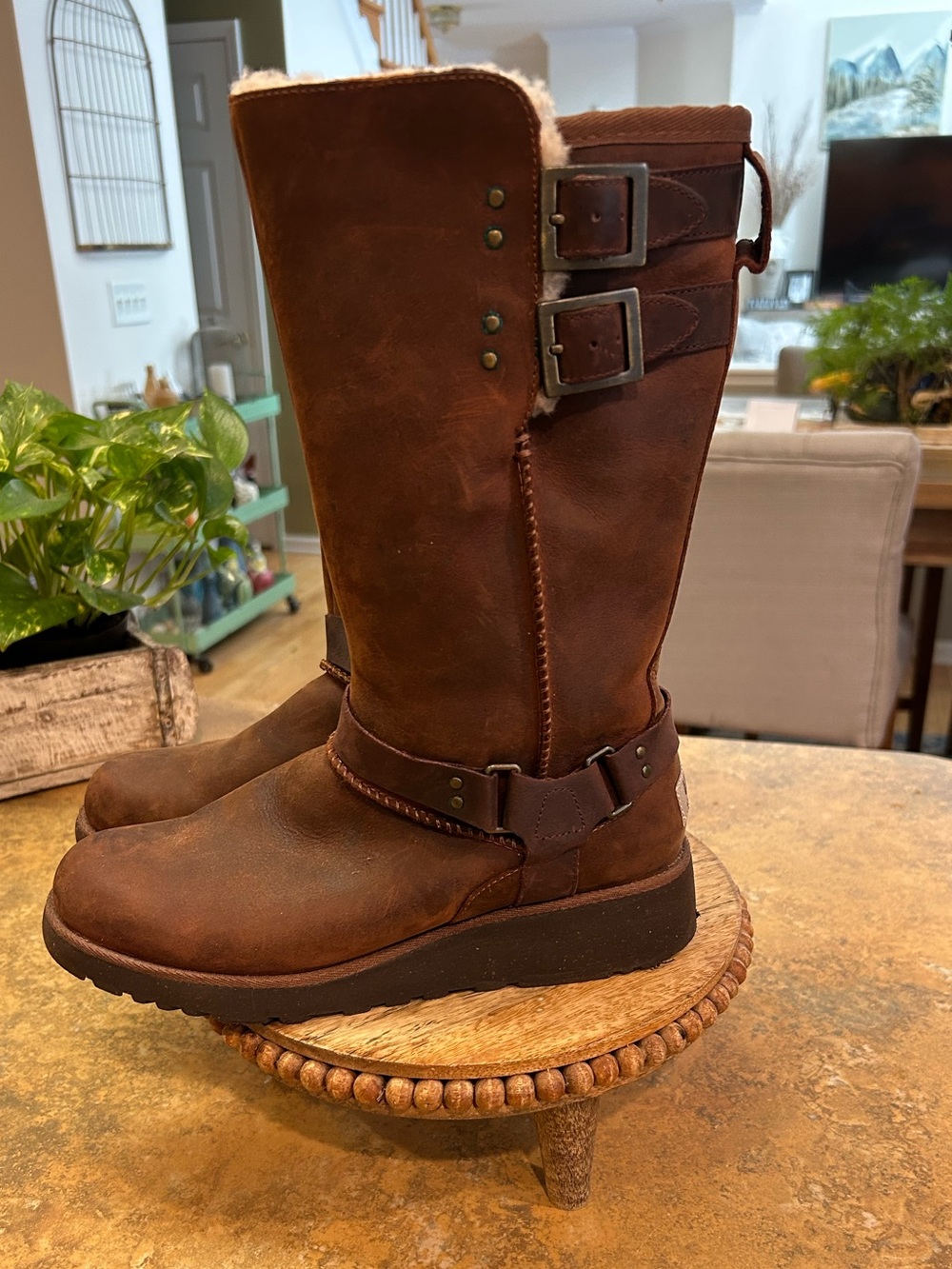 UGG Chestnut Brown Shearling-Trim Mid-Calf Buckle Jasper Boots